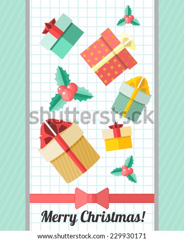 Blue holiday Christmas card with Christmas icons over copybook page
