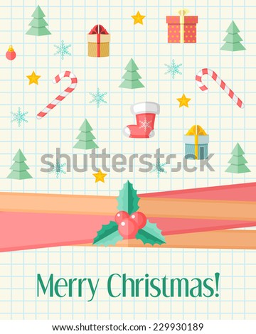 Light holiday Christmas card with holly berry over red ribbon and Christmas icons