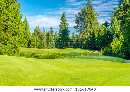 the golf course with green grass and trees over blue sky.
