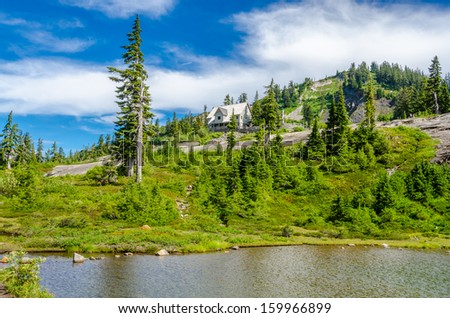 Beautiful Mountain lake at the Bagley Lake Trail Park. Mount Baker, Washington, USA.