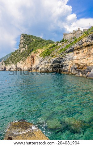 coastal landscape with blue sea and beautiful cliffs an mountains