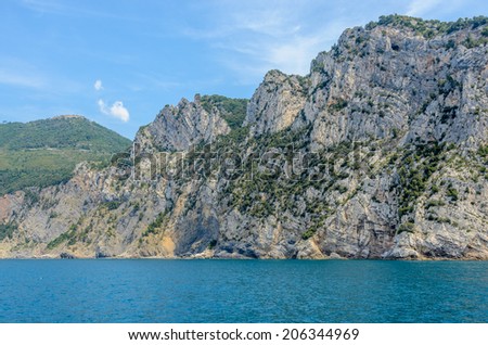 coastal landscape with blue sea and beautiful cliffs an mountains