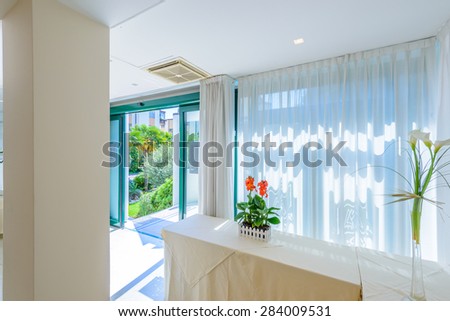 Large luxury dining room interior. New empty hotel or home space.