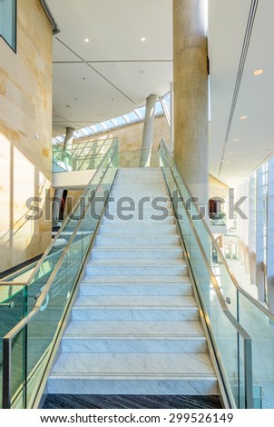 Staircase. Abstract fragment of the architecture of modern lobby, hallway of the luxury hotel, shopping mall, business center in Vancouver, Canada. Interior design.