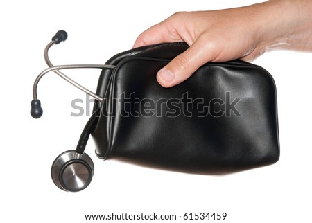 First Aid bag with medical stethoscope in hand isolated on white.