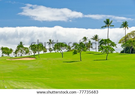 Golf place with gorgeous green and beautiful white clouds over blue sky view