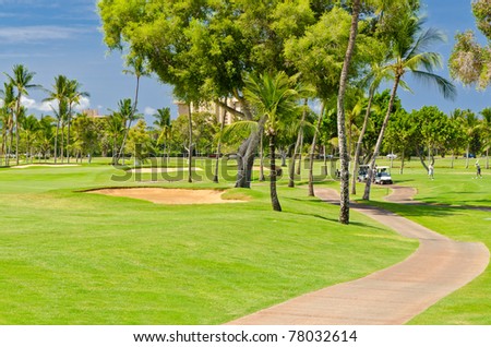 Beautiful golf place with gorgeous green and fantastic blue sky