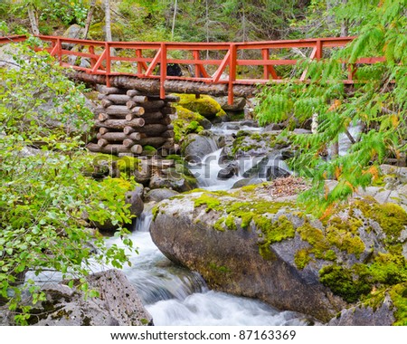 Red bridge and mountain river on Remote Camp trail at Stein Valley Heritage Park in British Columbia, Canada.