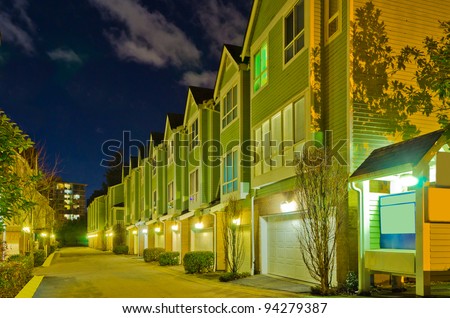 Fantastic view of a night neighborhood. Houses in suburbs in Vancouver, Canada