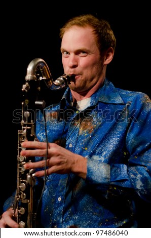 VANCOUVER, CANADA - FEBRUARY 9: jazz band Tambura Rasa. Lucas Moore (Turkish clarinet) on the stage of The Jazz Cellar on February 9, 2011 in Vancouver, Canada.