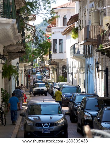 PANAMA CITY, PANAMA - JANUARY 18, 2014: The narrow streets of Casco Viejo, the historic district of Panama City Panama. Completed and settled in 1673. It was designated a World Heritage Site in 1997.