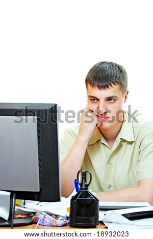 pensive man in office on white background