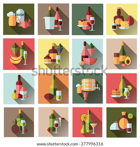 16 beautiful color isolated vector set with food and drink, dessert and wine on a colored background with shadow