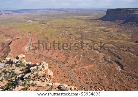 The view from the top of the Moki Dugway, a road which leads down the cliff face to the road below in the Valley of the Gods, Utah.