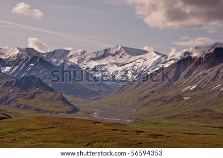 The view of Sunset Glacier to the South of Eileson Visitor Center in Denali National Park, Alaska.
