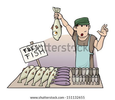 cartoon fish seller, holding a fish, vector illustration