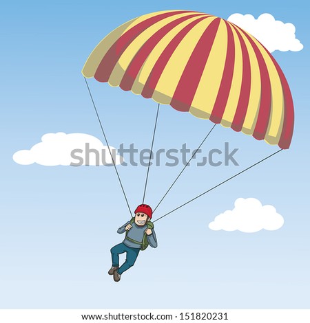 Happy Cartoon Man With A Colorful Parachute And A Sky Background ...