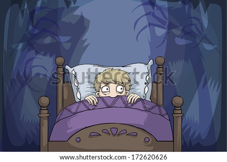 scared boy in bed having nightmares, vector illustration