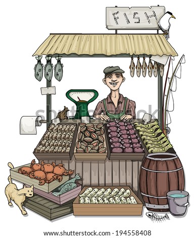 Man selling fish in an outdoors market, vector illustration