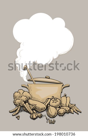 Hot steaming pot, surrounded by healthy organic vegetables, vector illustration