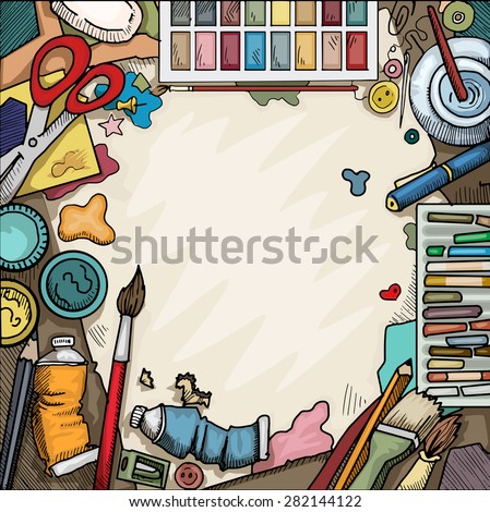 Background, Ariel view of arts and crafts table with various objects surrounding a blank piece of paper, vector illustration