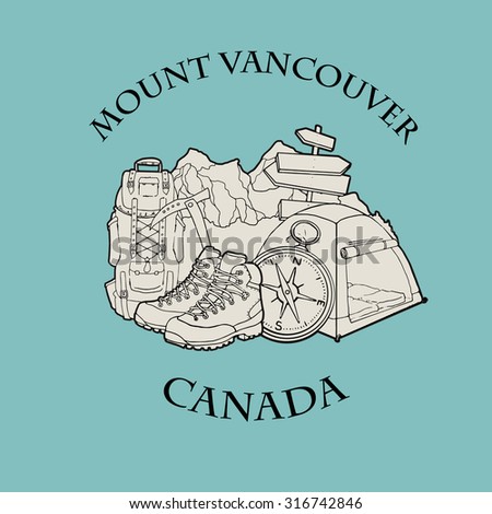 Mountain themed outdoors emblem logo of mount Vancouver, Canada with various related hand drawn objects, vector illustration