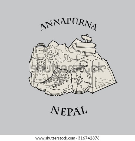 Mountain themed outdoors emblem logo of mount Annapurna, Nepal with various related hand drawn objects, vector illustration