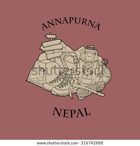 Mountain themed outdoors emblem logo of mount Annapurna, Nepal with various related hand drawn objects, vector illustration