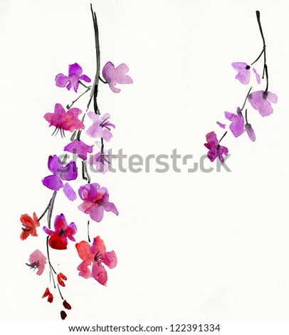 Flowering branch with fresh pink flowers. watercolor