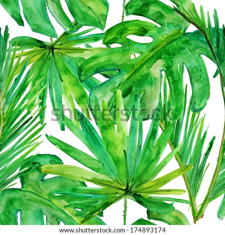 Tropical leaves. seamless watercolor background.