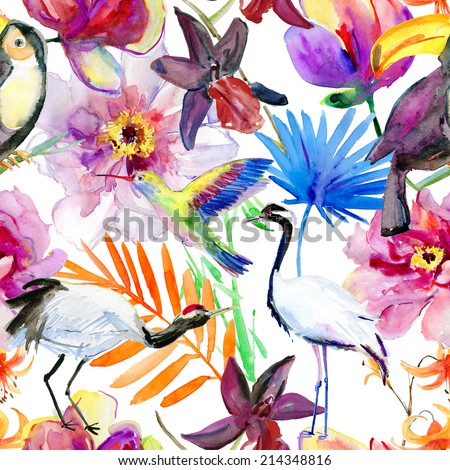 Seamless pattern with flowers and birds. Watercolor illustration.