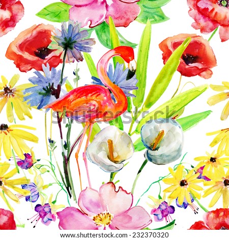 Seamless floral background with flowers. Hand painted watercolor painting.