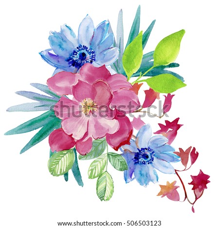 Flowers watercolor illustration. Floral composition. Mother's Day, wedding, birthday, Easter, Valentine's Day. Bright colors. Spring. Summer.