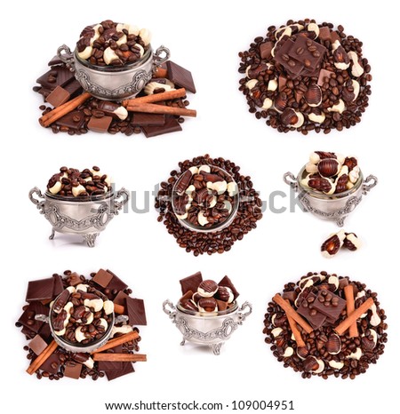 Assorted chocolate candies ,coffee beans,chocolate, in a metal container close-up on white background