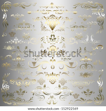 Vintage floral elements, ornament frames and gold flourishes on a silver background