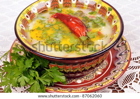 Chicken soup, a traditional Bulgarian Cup,close-up,parsley,chilly