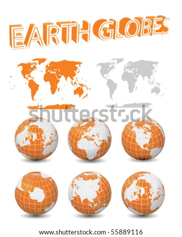 Vector Orange Earth Globes with maps collection