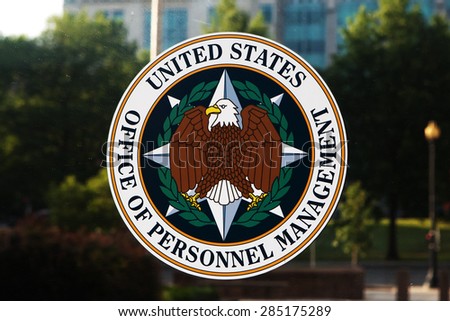 WASHINGTON, DC - JUNE 6: Emblem on the door of the Office of Personnel Management (OPM) in Washington, DC on June 6, 2015. OPM manages the civil service of the federal government.