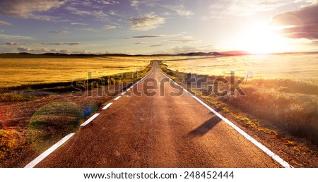 Adventures and road trips.Sunset and travel concept.Road and fields