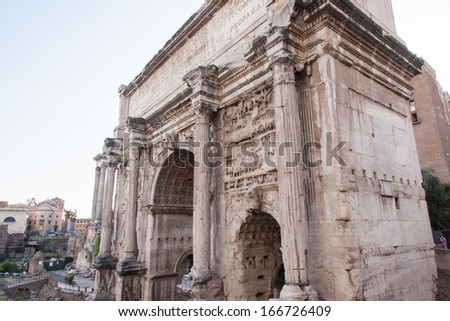 Arch of Septimius Severus at the northwest end of the Roman Forum is a triumphal arch dedicated in AD 203 to commemorate the Parthian victories of Emperor Septimius Severus