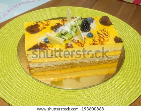Layer cake is a cake consisting of multiple layers, usually held together by frosting or another type of filling, such as jam or other preserves