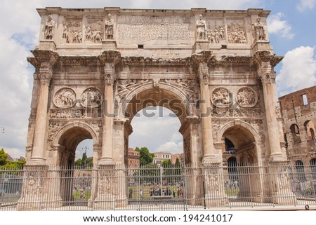 Arch of Constantine is a triumphal arch in Rome, situated between the Colosseum and the Palatine Hill.