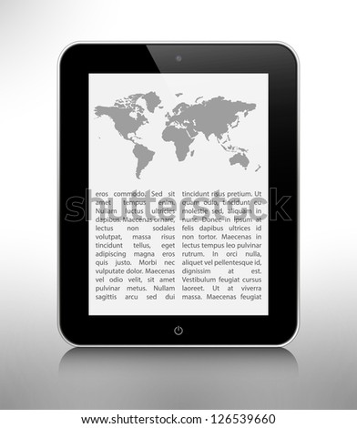 Realistic tablet pc computer with world map on a grey background. Eps10