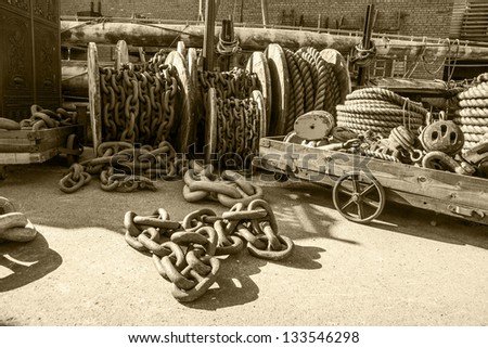 Old ropes and chains in the dock yard of Brunel\'s historic SS Great Britain at Bristol