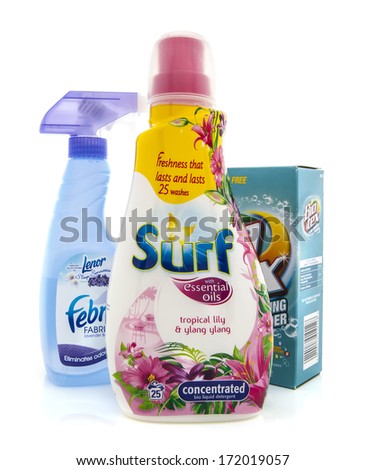 SWINDON, UK - JANUARY 19, 2014: Surf Bio Liquid Detergent,  Bio Tex bleach free stain remover and Febreze cleaning products on white background