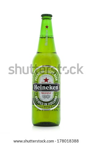 SWINDON, UK - FEBRUARY 22, 2014: Bottle of Heineken Lager Beer.Heineken is a premium brand lager beer brewed in Holland by the Heineken Brewing Company.