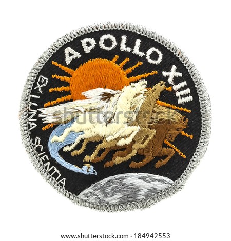 SWINDON, UK - APRIL 1, 2014: Apollo 13 Mission Badge from the Ill fated Moon landing 11-17 April 1970