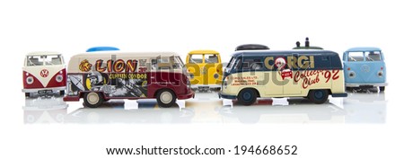 SWINDON, UK - MAY 25, 2014: Collection Of  Old VW Vans Made By Corgi on a White Background