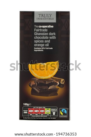 SWINDON, UK - MAY 25, 2014: Bar Of Co-Operative Fairtrade Ghanaian Dark Chocolate with Orange Oil and Spices