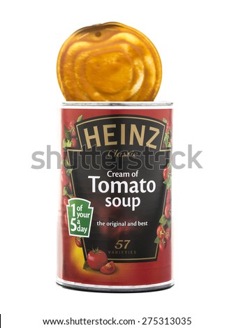 SWINDON, UK - MAY 3, 2015:Open Can of Heinz Tomato Soup shot in studio on white background